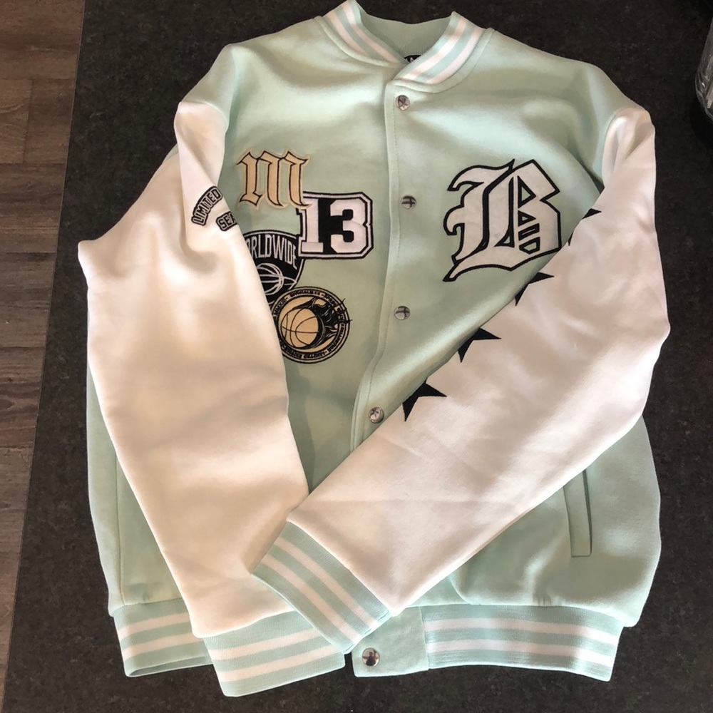BooHooMan white and Sage Varsity Jacket